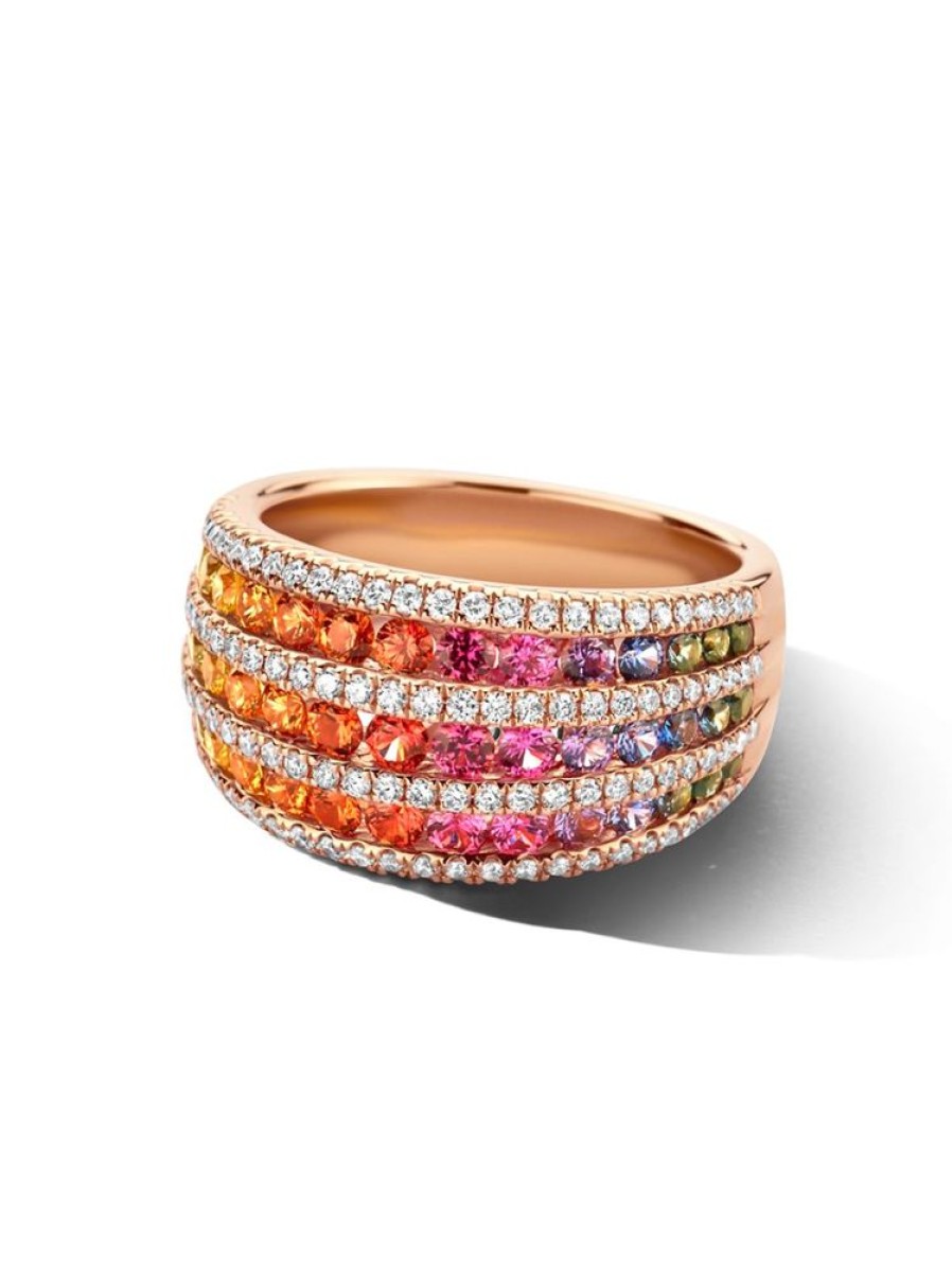 Sieraden Veerman Juwelen Collection | Brede Rosegouden Ring Met Rainbow Saffier En Briljant 0,52Crt.