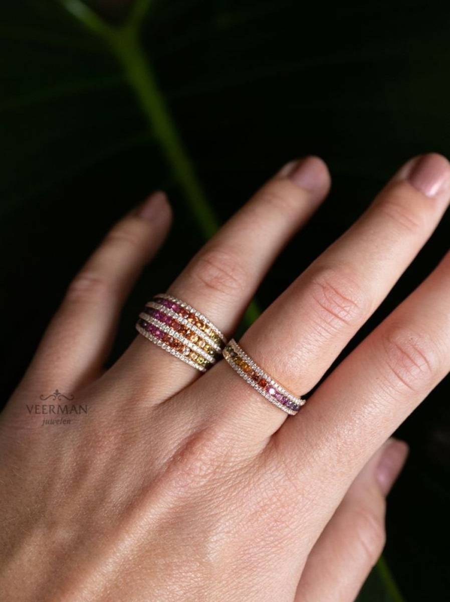 Sieraden Veerman Juwelen Collection | Brede Rosegouden Ring Met Rainbow Saffier En Briljant 0,52Crt.