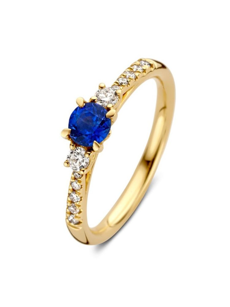 Sieraden Veerman Juwelen Collection | Geelgouden Driesteens Ring Met Saffier En Diamant 0,26Crt.