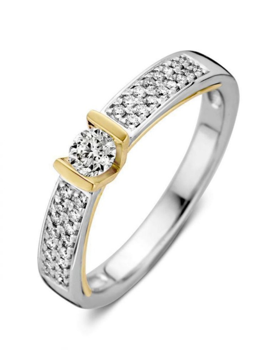 Sieraden Veerman Juwelen Collection | Bicolor Gouden Solitairring Briljant 0.38 Crt.