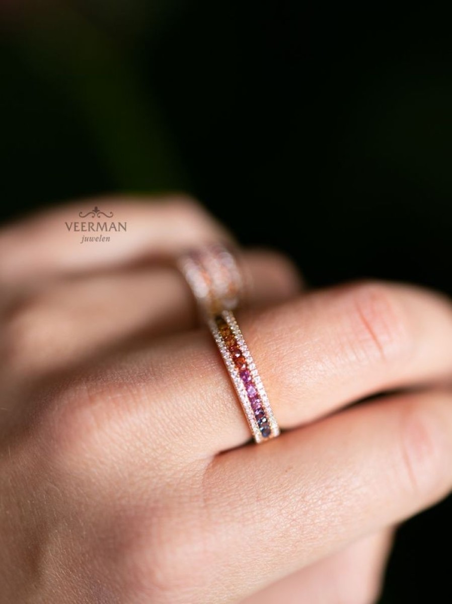 Sieraden Veerman Juwelen Collection | Rosegouden Ring Met Rainbow Saffier En Briljant