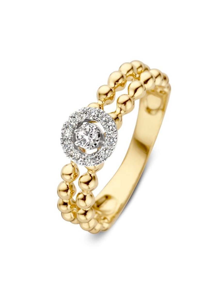 Sieraden Veerman Juwelen Collection | Geelgouden Bolletjes Ring Met Briljant Smal 0,19Crt.