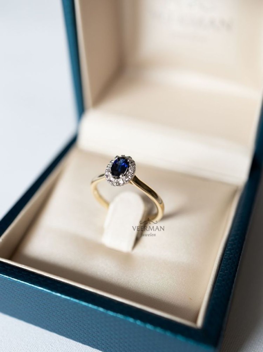 Sieraden Veerman Juwelen Collection | Geelgouden Ring Met Blauwe Saffier En Briljant