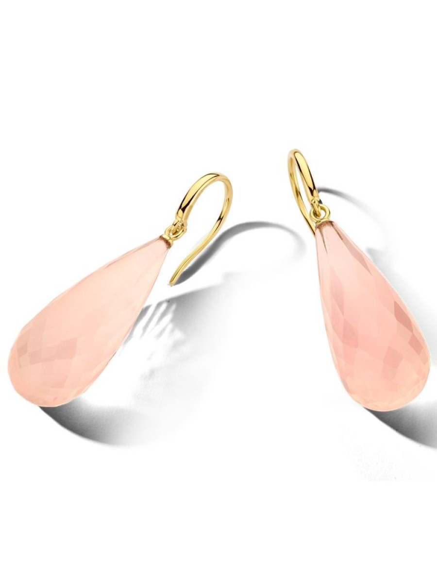 Sieraden Veerman Juwelen Collection | Geelgouden Oorhangers Met Roze Kwarts