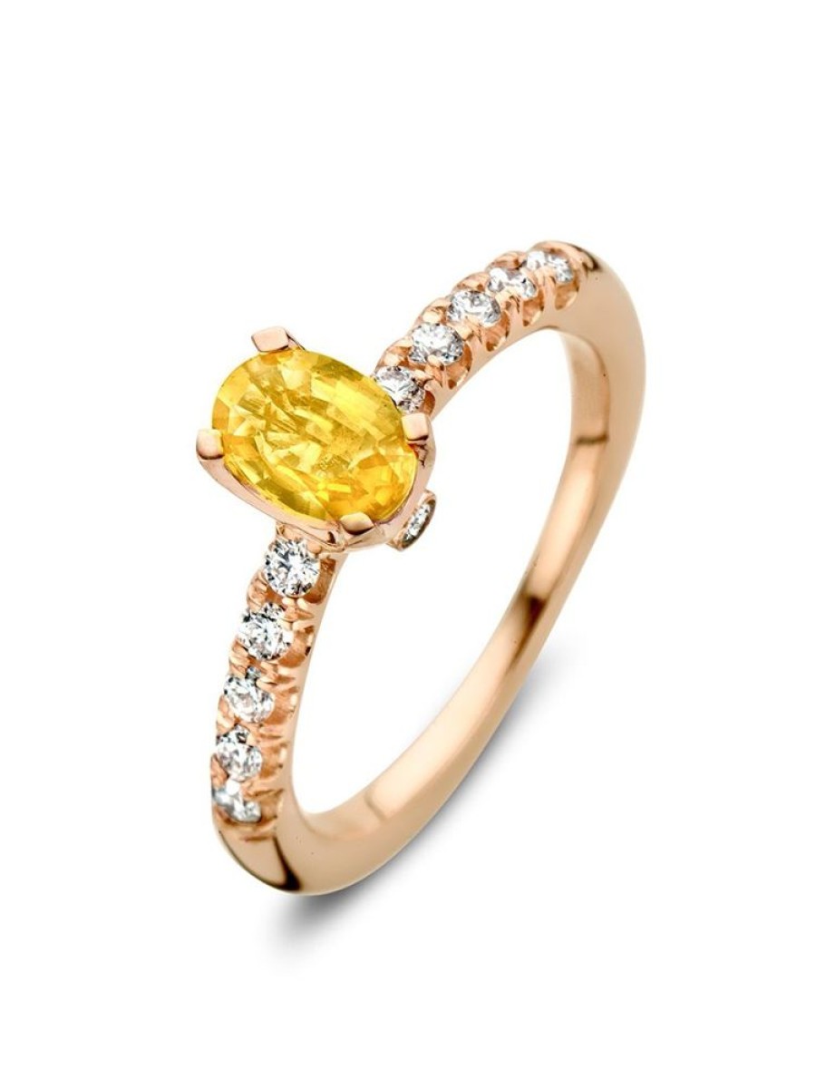 Sieraden Veerman Juwelen Collection | Rosegouden Entourage Ring Met Gele Saffier En Briljant 0,54Crt.