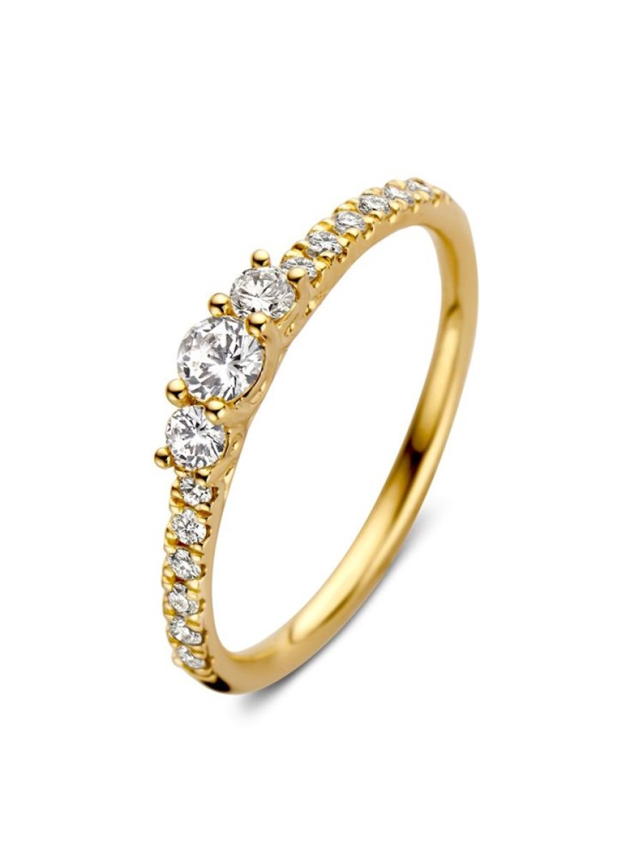 Sieraden Veerman Juwelen Collection | Geelgouden Driesteens Ring Met Diamant 0,46Crt.