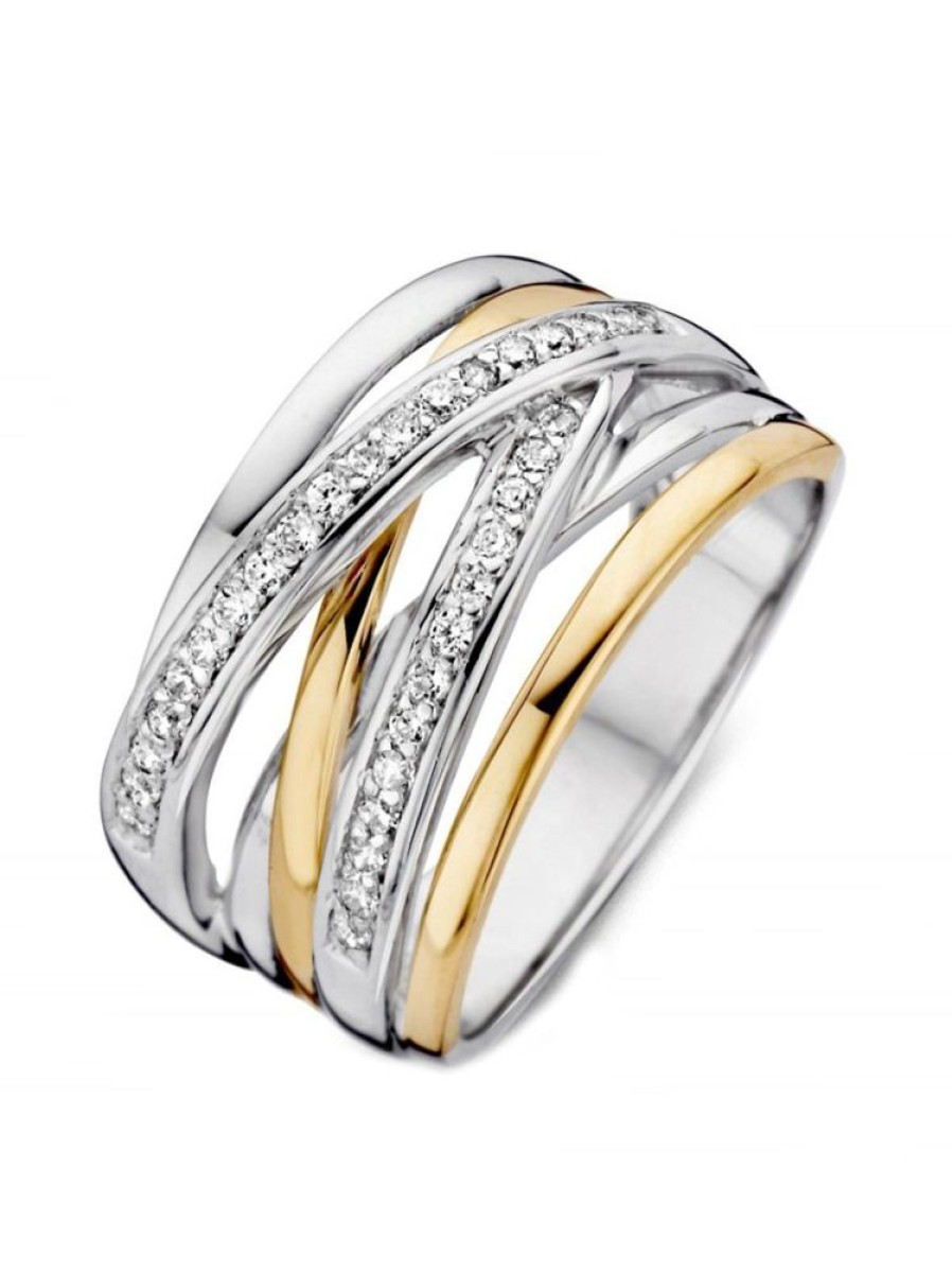 Sieraden Veerman Juwelen Collection | Brede Ring Zilver Met Goud En Zirkonia